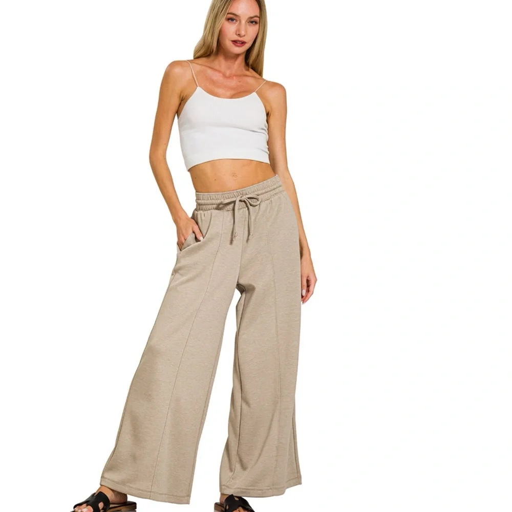 Zenana Scuba Drawstring Ash Cocoa Wide-Leg Pants - Picture 1 of 3